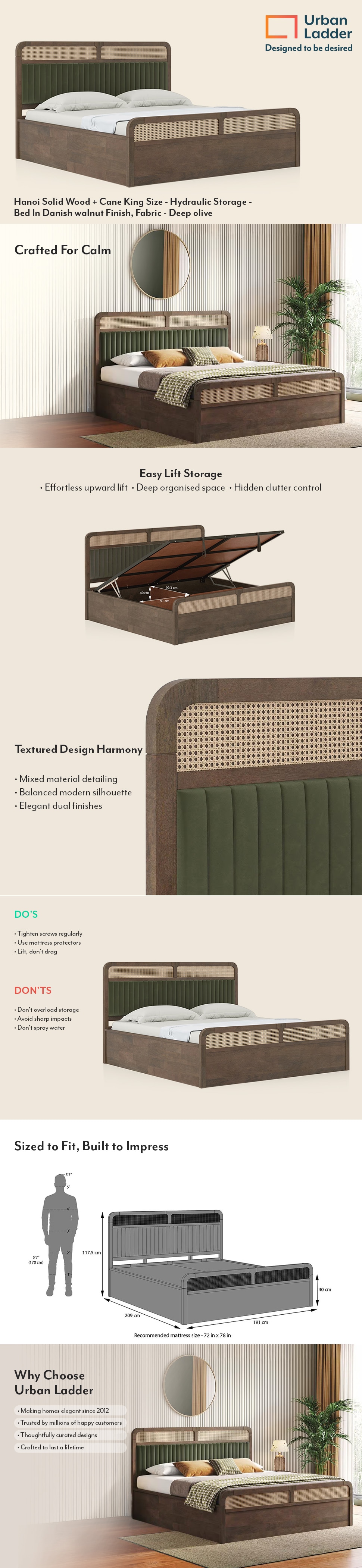 Hanoi Solid Wood Cane King Size Bed With Hydraulic Storage (Danish Walnut Finish, Olive Colour)