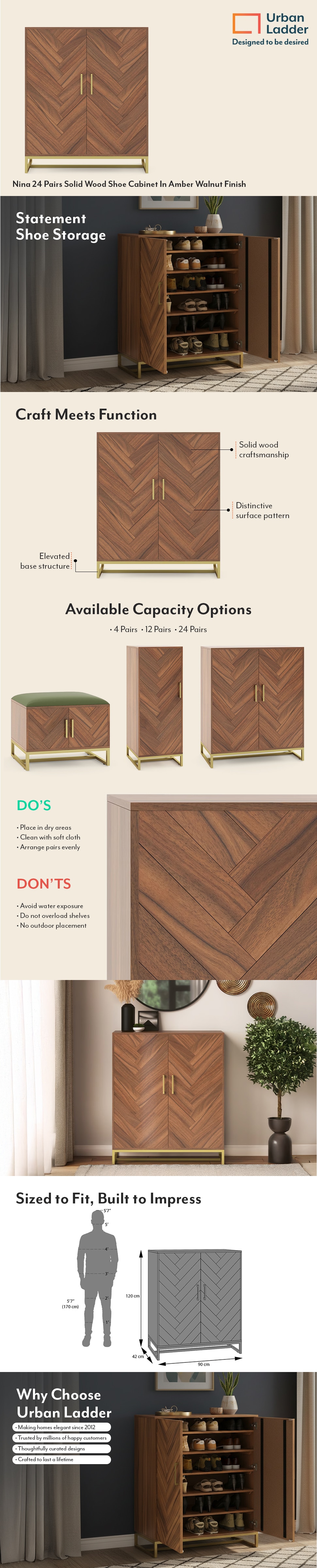 Nina 24 Pairs Solid Wood Shoe Cabinet In Amber Walnut Finish