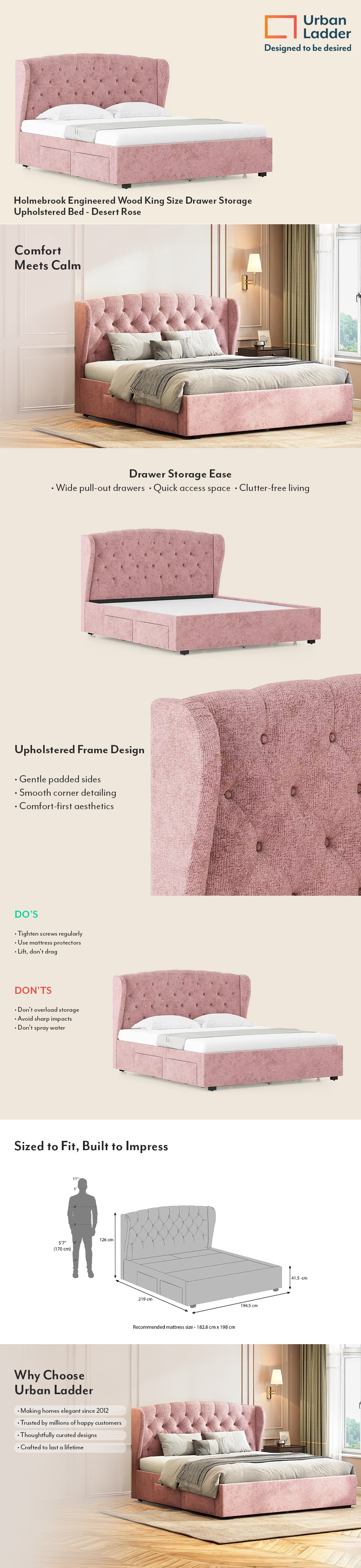 Holmebrook Engineered Wood King Size Bed With Drawer Storage (Desert Rose Colour)