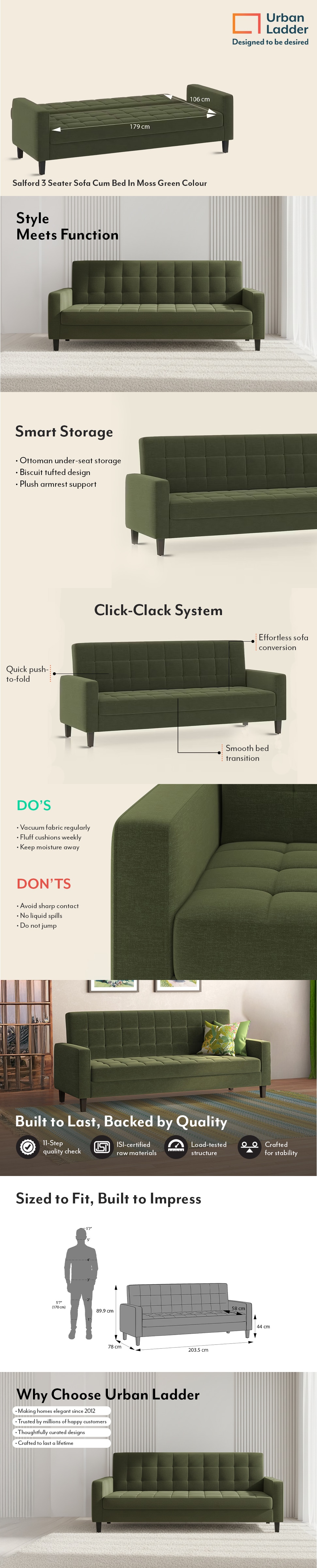 Salford 3 Seater Click Clack Sofa Cum Bed In Moss Green Colour