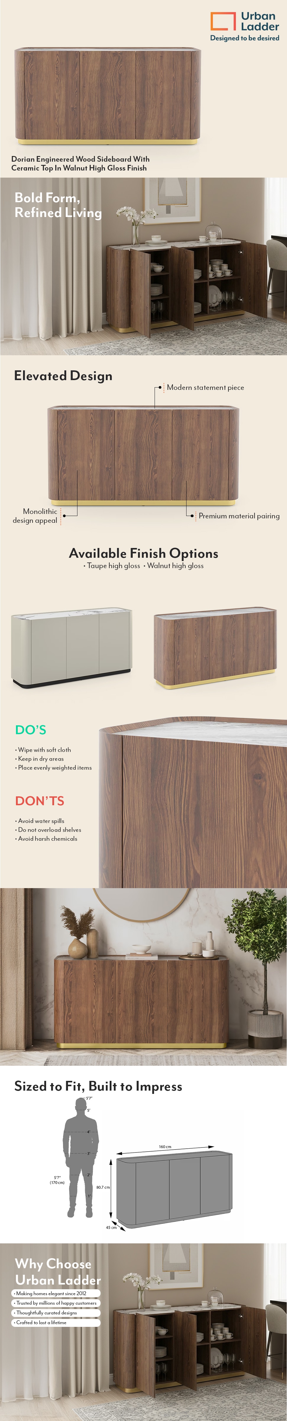 Dorian Engineered Wood Sideboard With Ceramic Top In Walnut High Gloss Finish