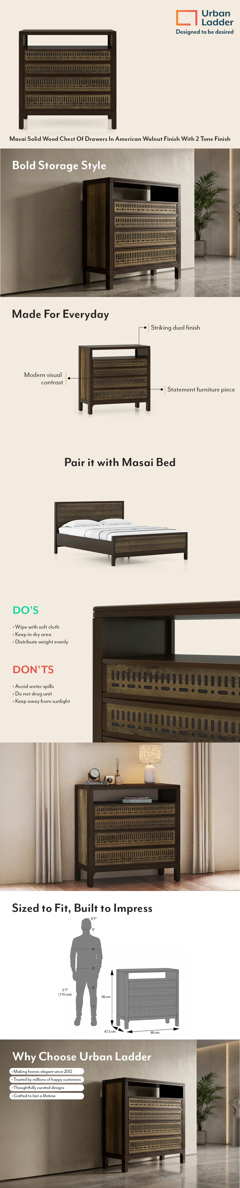 Masai Solid Wood Chest Of Drawers In American Walnut Finish With 2 Tone Finish