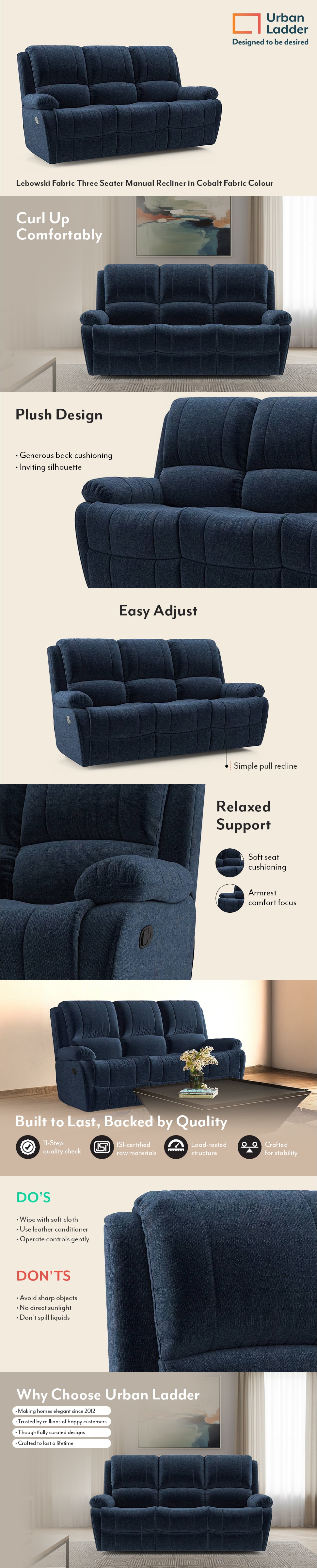Lebowski Fabric Three Seater Manual Recliner in Cobalt Fabric Colour