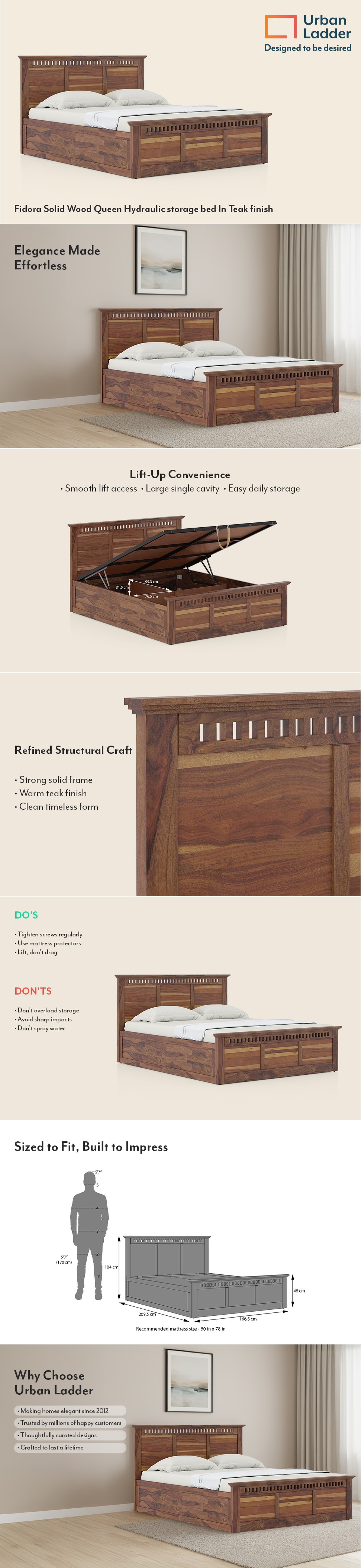 Fidora Solid Wood Queen Size Bed With Hydraulic Storage (Teak Finish)