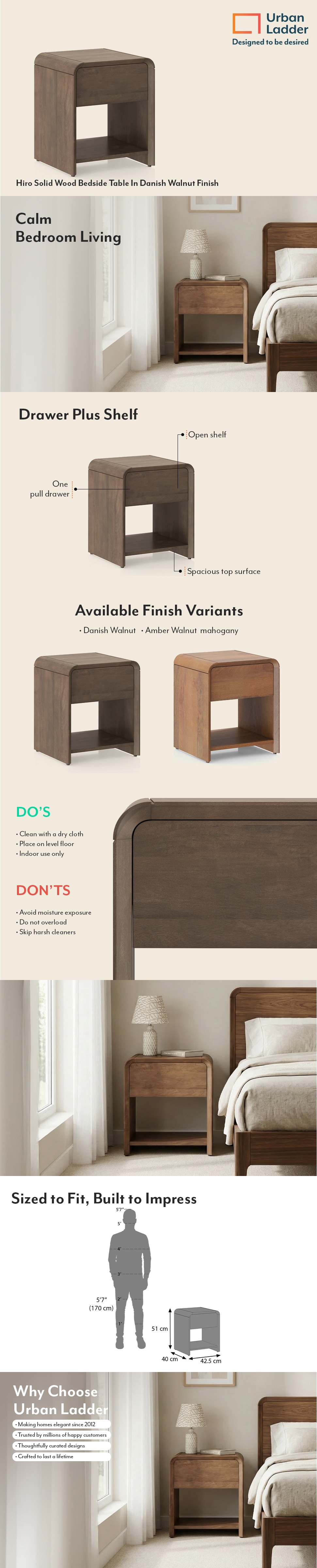 Hiro Solid Wood Bedside Table In Danish Walnut Finish
