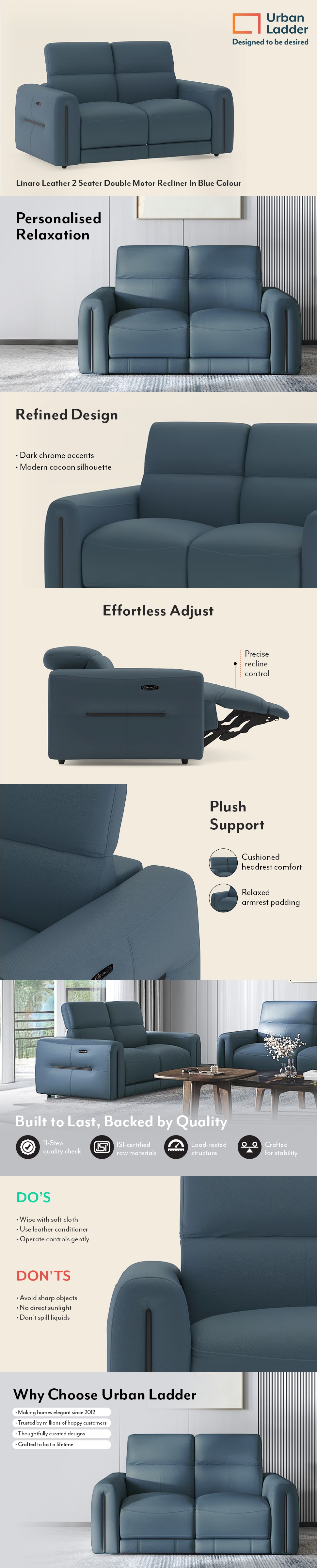 Linaro Leather Two Seater Double Motor Recliner In Blue Colour