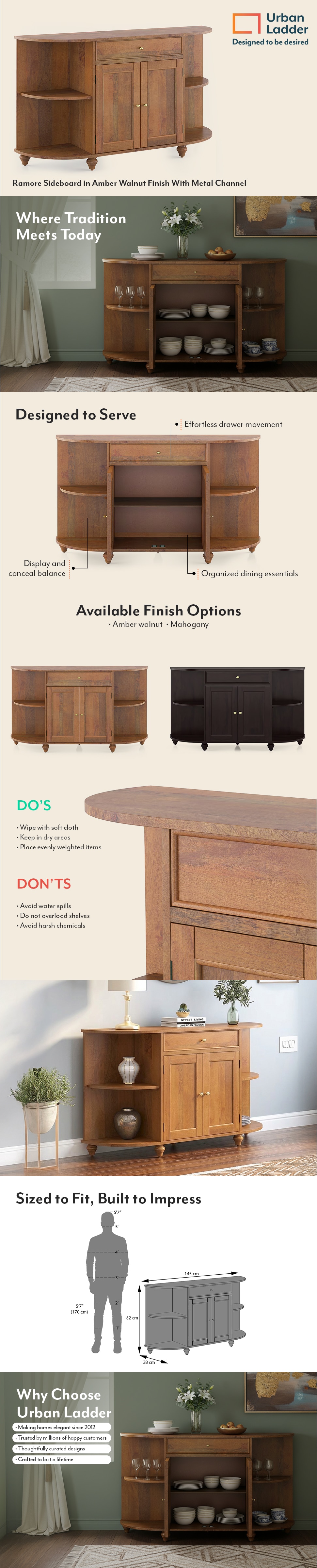 Ramore Sideboard in Amber Walnut Finish With Metal Channel