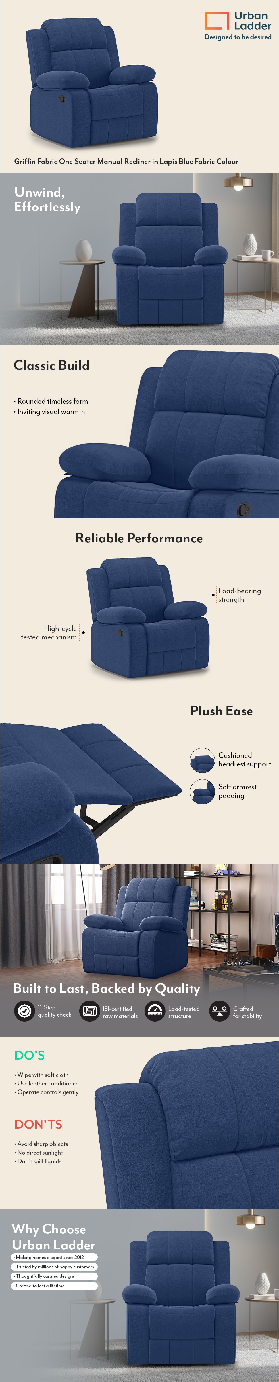 Griffin Fabric One Seater Manual Recliner in Lapis Blue Fabric Colour