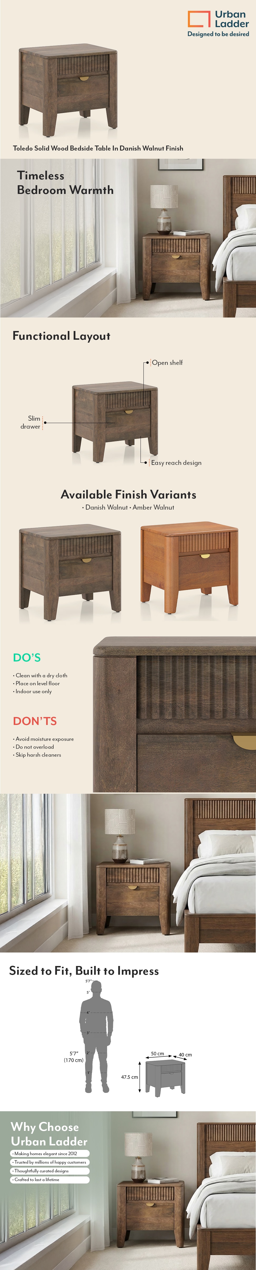 Toledo Solid Wood Bedside Table In Danish Walnut Finish
