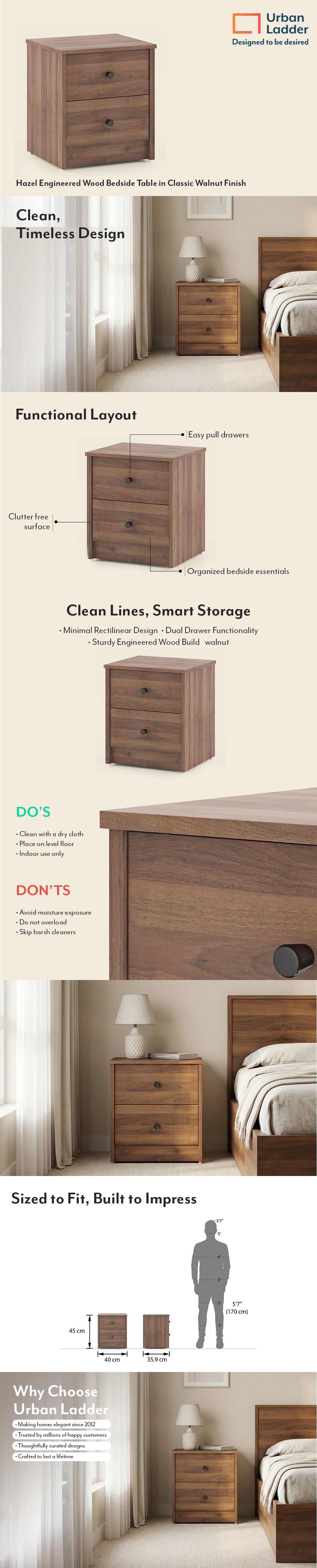 Hazel Engineered Wood Bedside Table in Classic Walnut Finish
