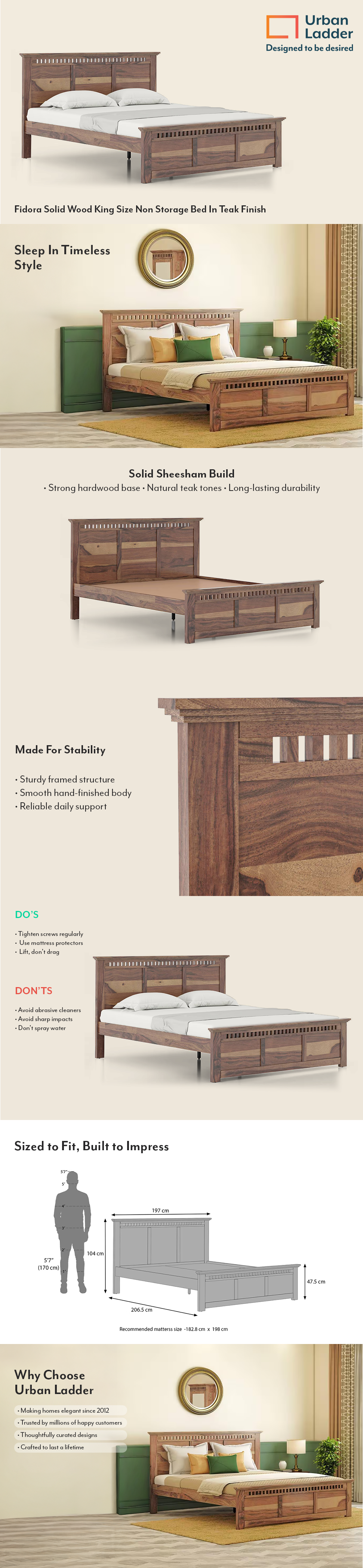 Fidora Solid Wood King Size Bed Without Storage (Teak Finish)