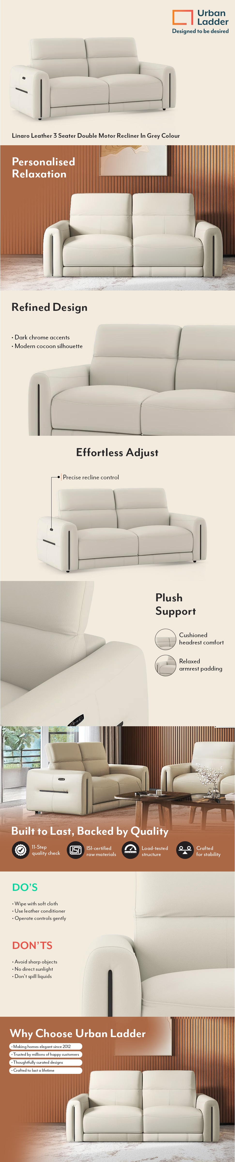 Linaro Leather Three Seater Double Motor Recliner In Grey Colour