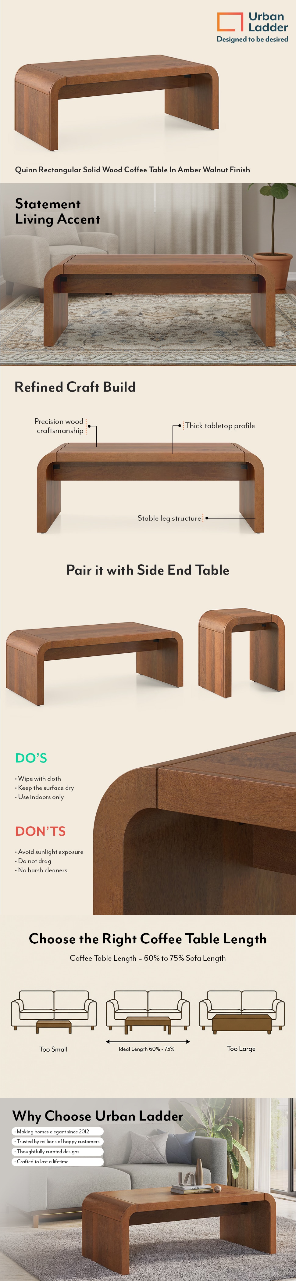 Quinn Rectangular Solid Wood Coffee Table In Amber Walnut Finish