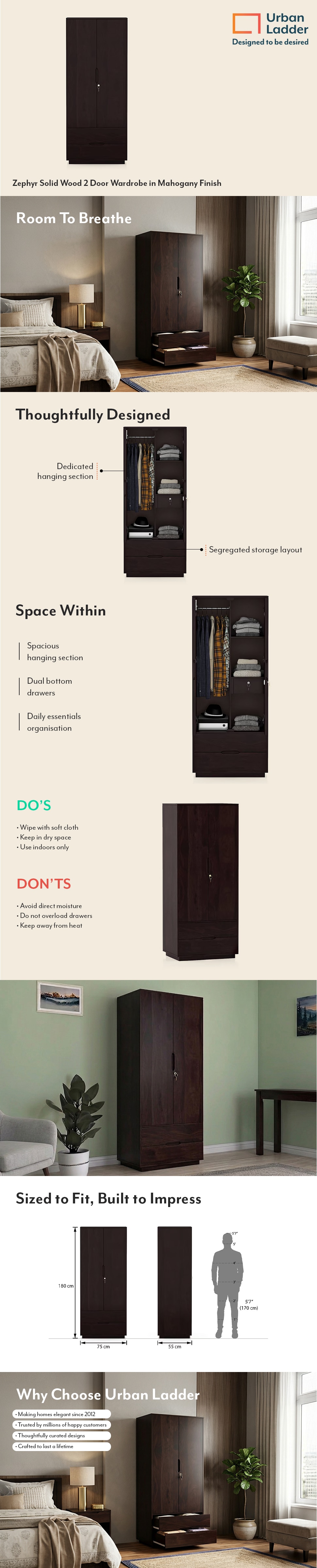 Zephyr Solid Wood 2 Door Wardrobe in Mahogany Finish