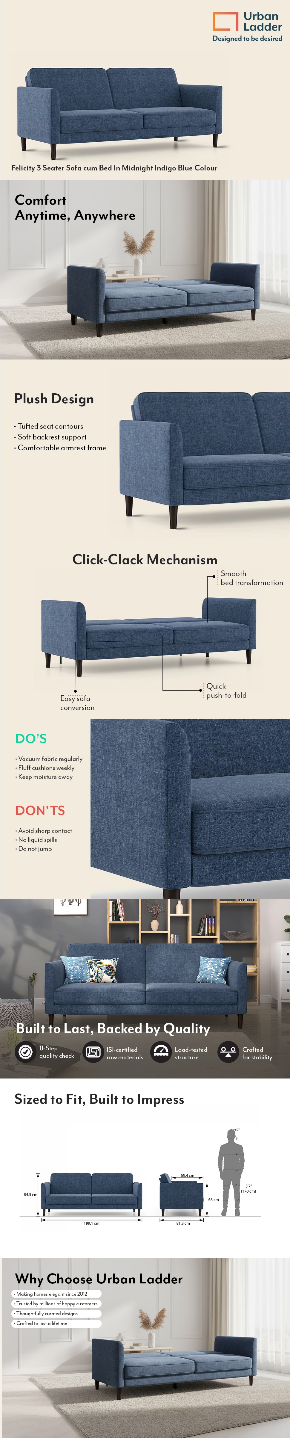 Felicity 3 Seater Click Clack Sofa cum Bed In Midnight Indigo Blue Colour