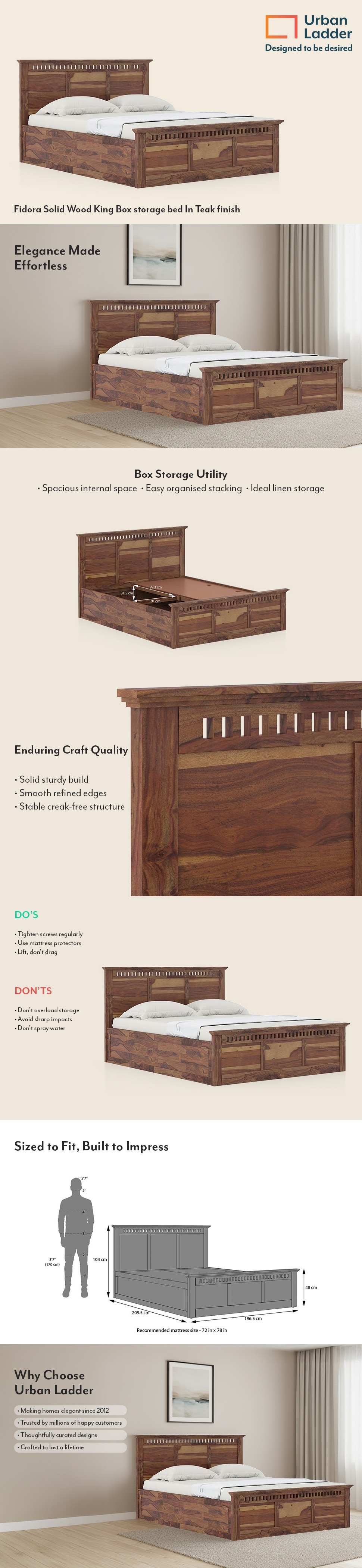 Fidora Solid Wood King Size Bed With Box Storage (Teak Finish)