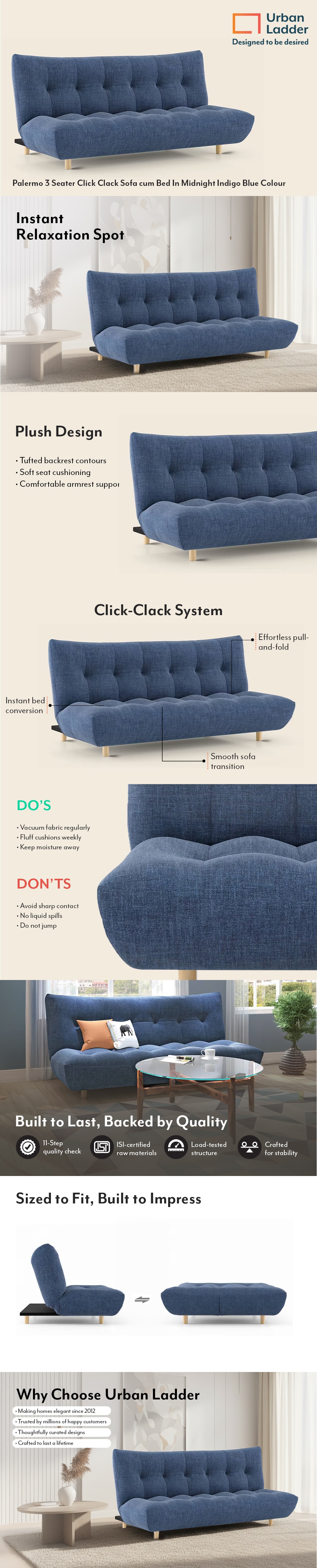 Palermo 3 Seater Click Clack Sofa cum Bed In Midnight Indigo Blue Colour
