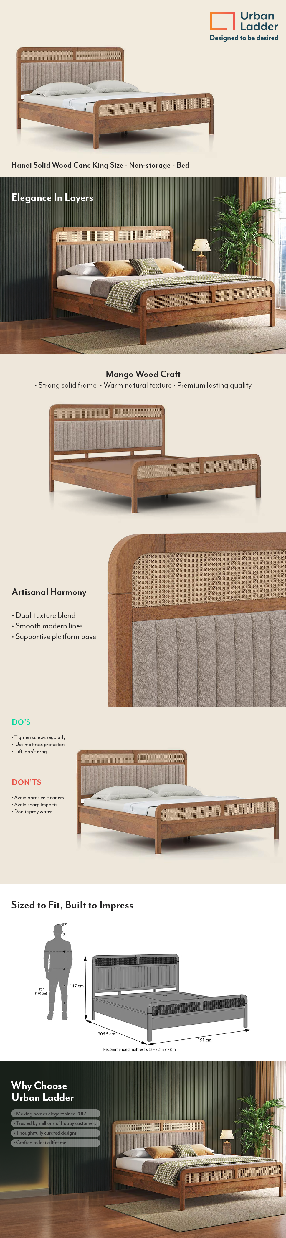 Hanoi Solid Wood Cane King Size Bed Without Storage (Amber Walnut Finish, Shitake Beige Colour)