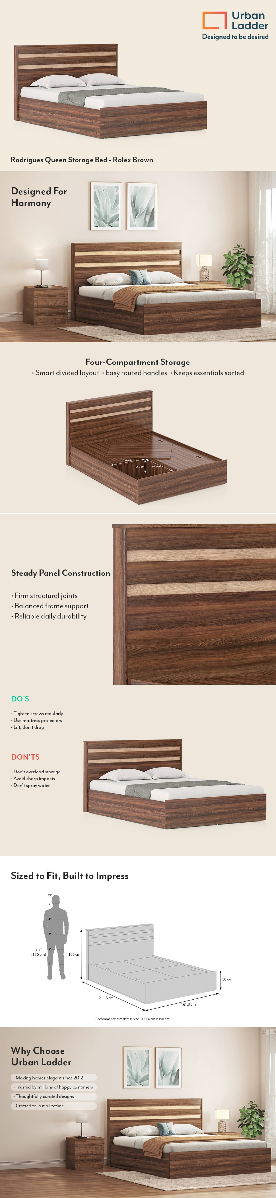 Rodrigues Engineered Wood Queen Size Bed With Box Storage (Rolex Brown Finish)