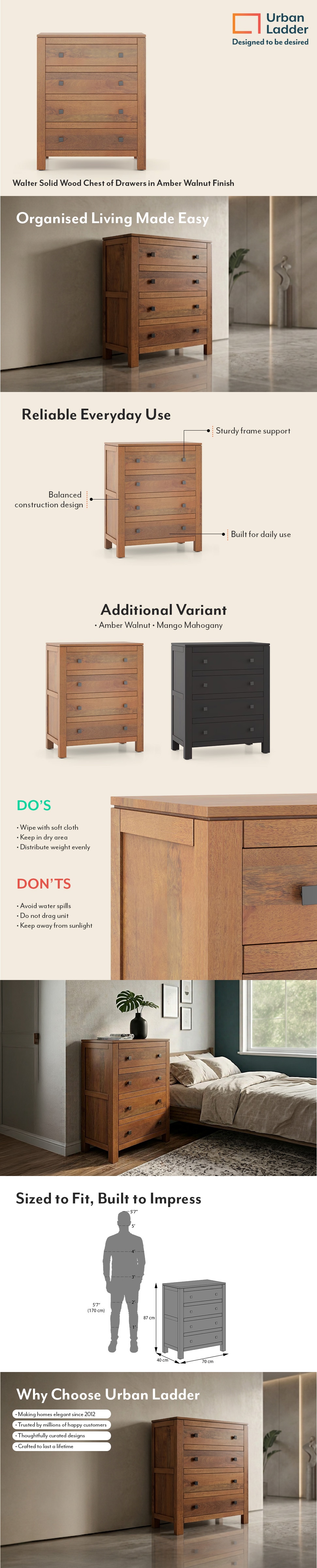 Walter Solid Wood Chest of Drawers in Amber Walnut Finish