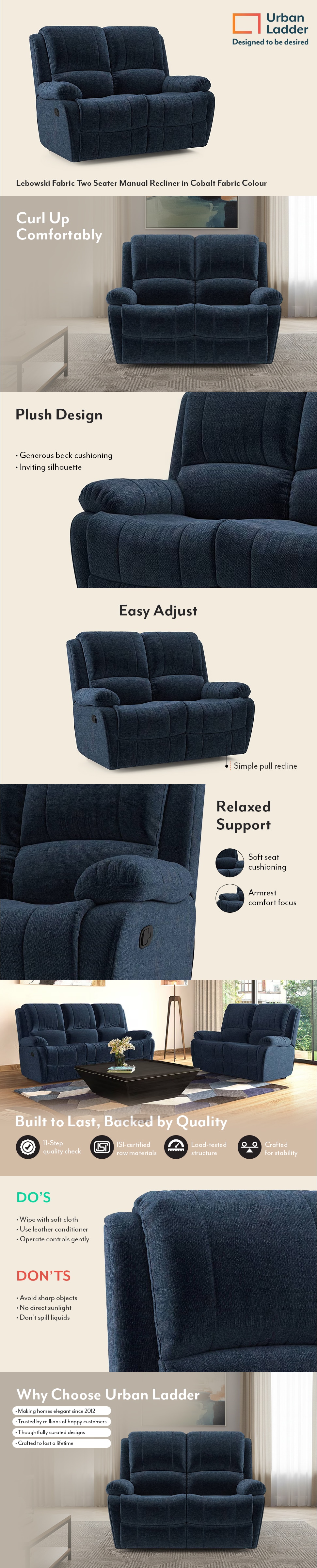 Lebowski Fabric Two Seater Manual Recliner in Cobalt Fabric Colour