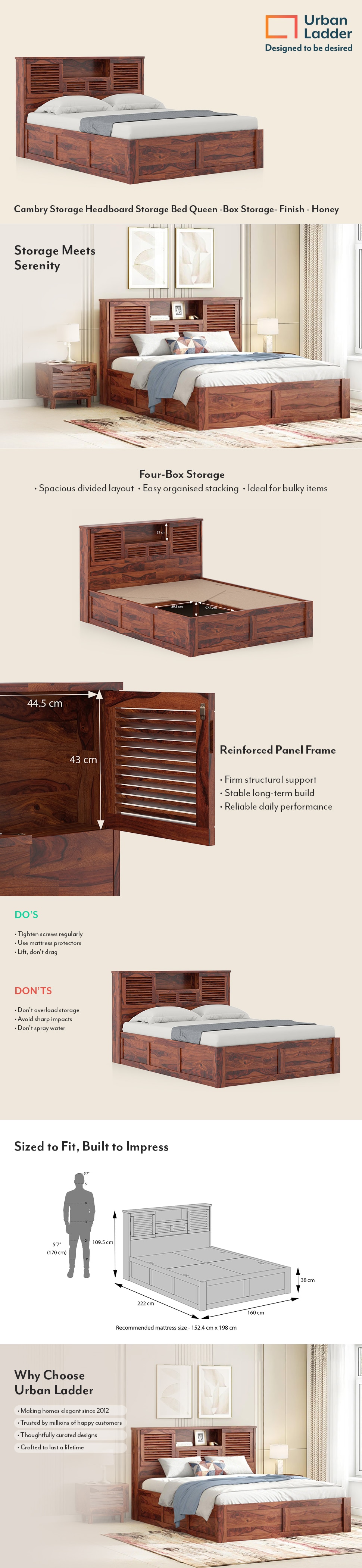 Cambry Queen Size Box Storage Bed With Headboard Storage In Honey Finish