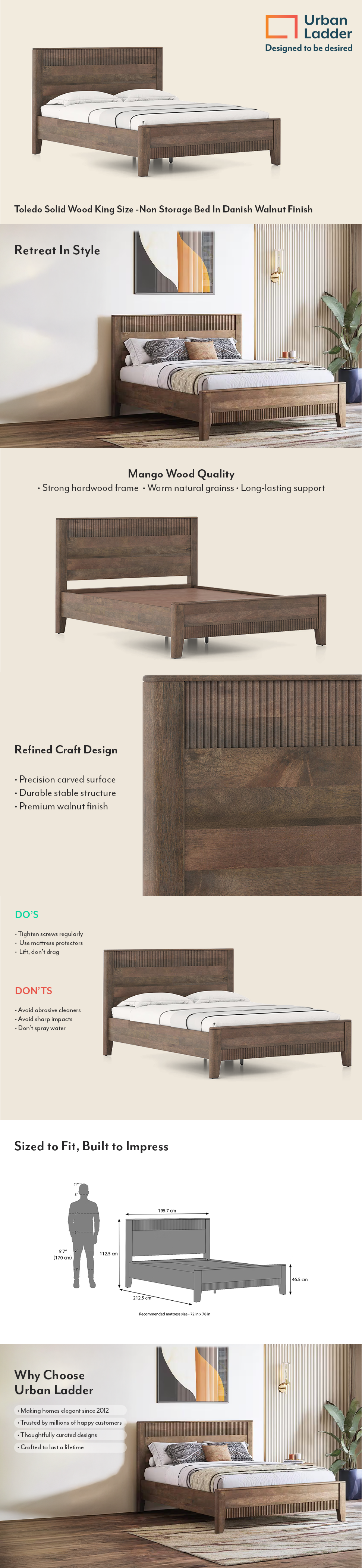 Toledo Solid Wood King Size Bed Without Storage (Danish Walnut Finish)