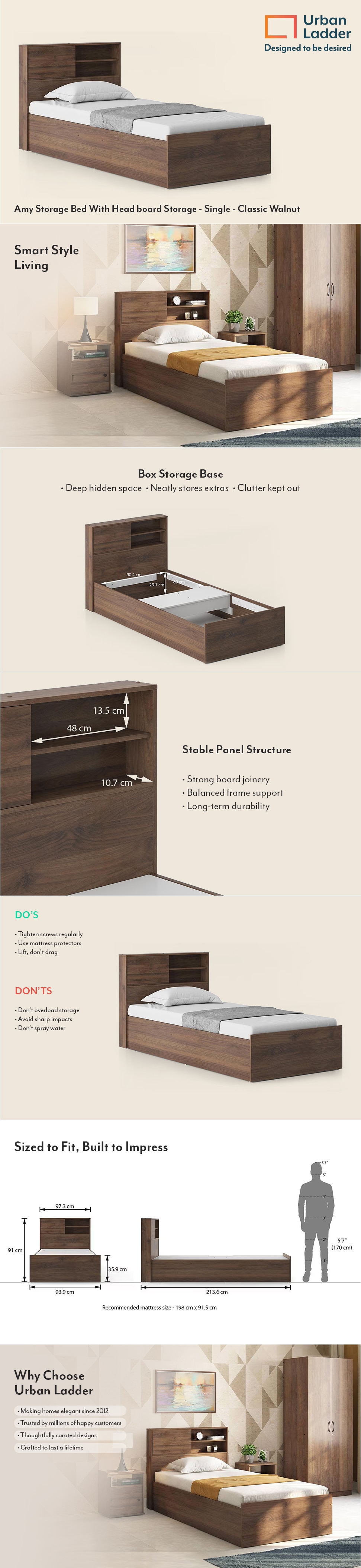 Amy Engineered Wood Single Size Bed With Box Storage (Classic Walnut Finish, Brown Colour)
