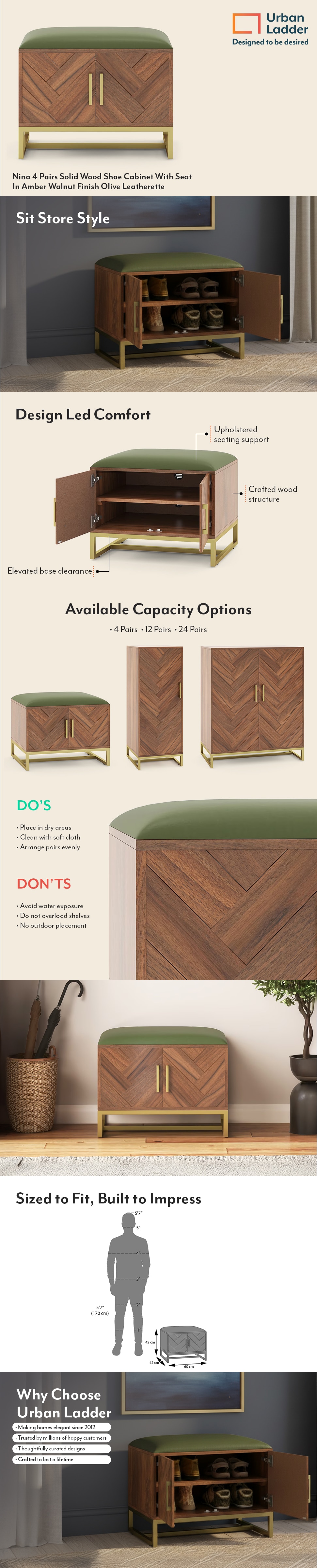 Nina 4 Pairs Solid Wood Shoe Cabinet With Seat In Amber Walnut Finish Olive Leatherette