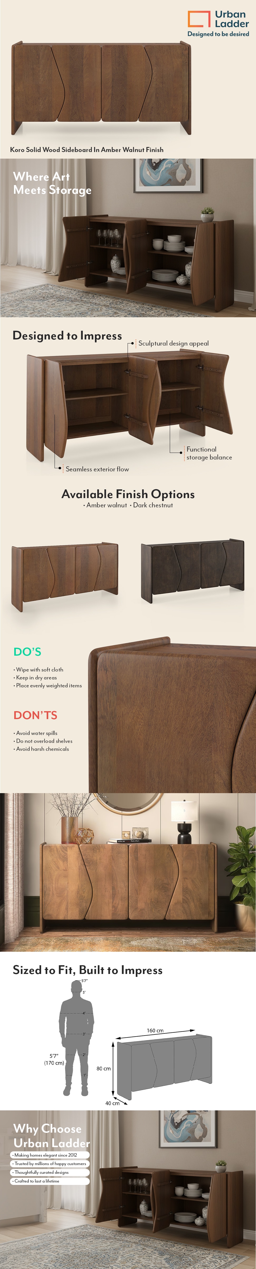 Koro Solid Wood Sideboard In Amber Walnut Finish