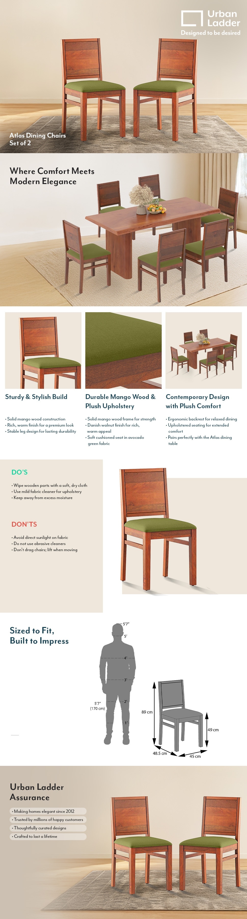 Atlas Solid Wood Dining Chair in Honey Finish &amp; Avocado Green Colour - Set of 2