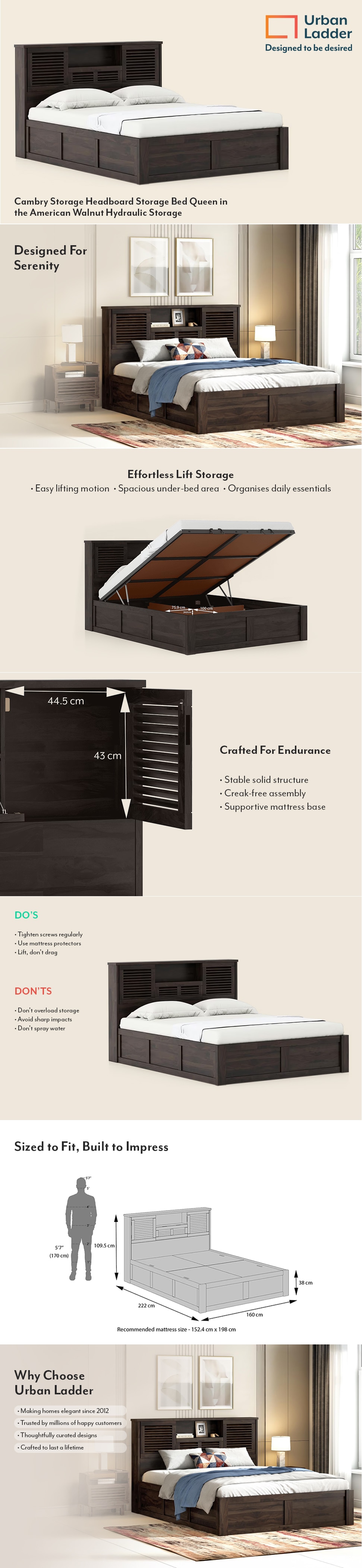 Cambry Queen Size Hydraulic Storage Bed With Headboard Storage Bed In American Walnut Finish