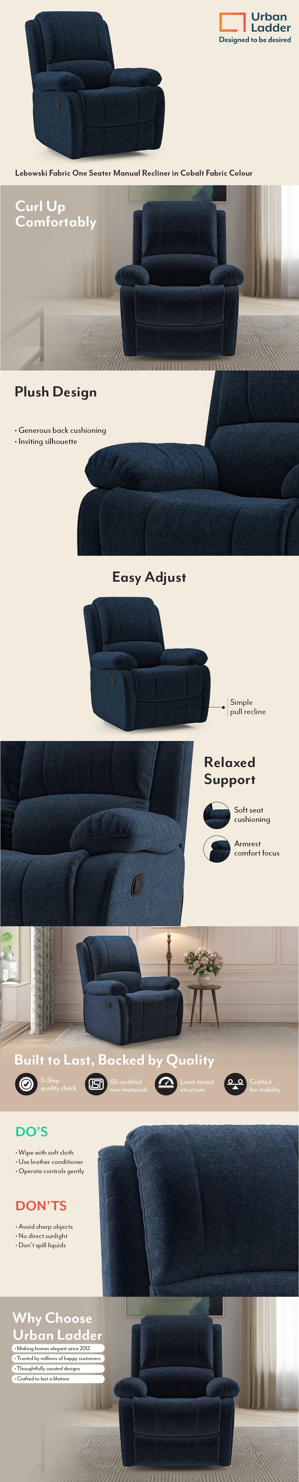 Lebowski Fabric One Seater Manual Recliner in Cobalt Fabric Colour