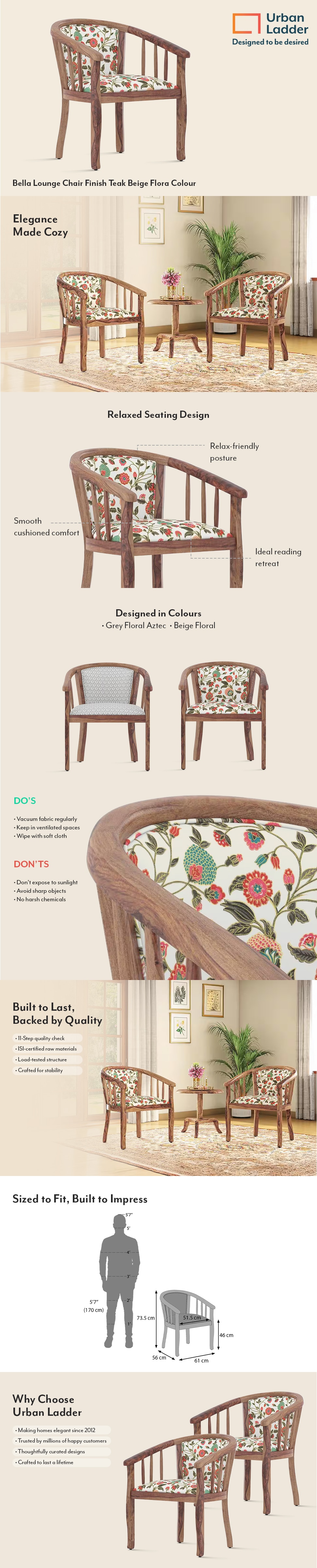 Bella Solid Wood Lounge Chair Finish Teak Beige Flora Colour