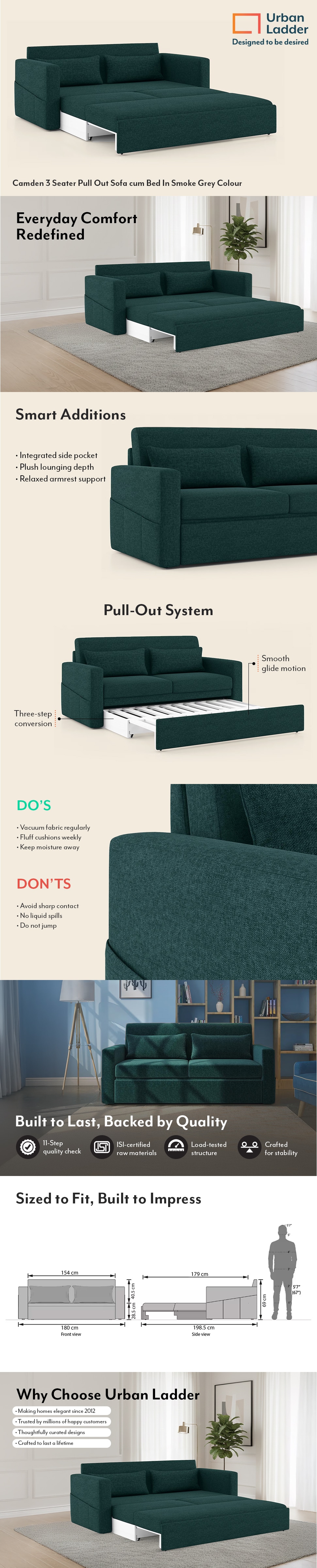 Camden 3 Seater Pull Out Sofa cum Bed In Malibu Blue Colour