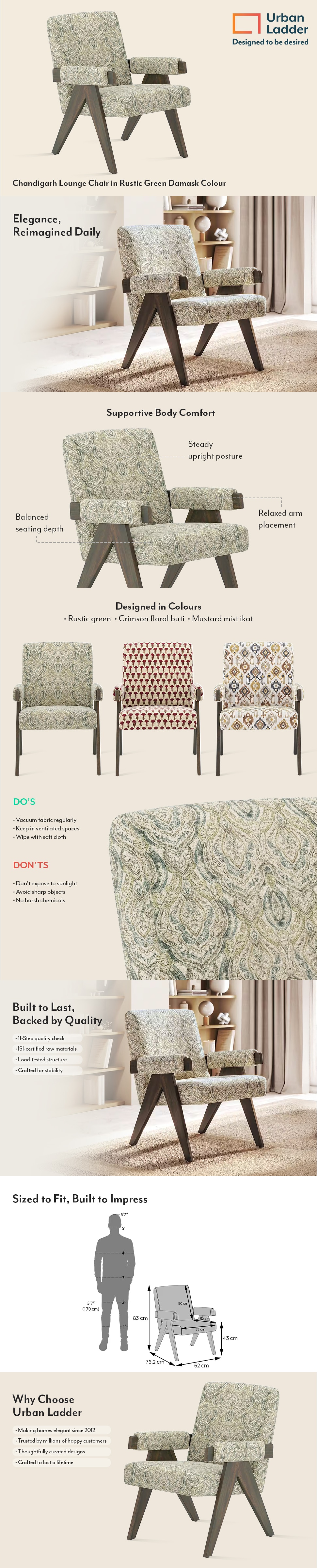 Chandigarh Fabric Lounge Chair in Rustic Green Damask Colour