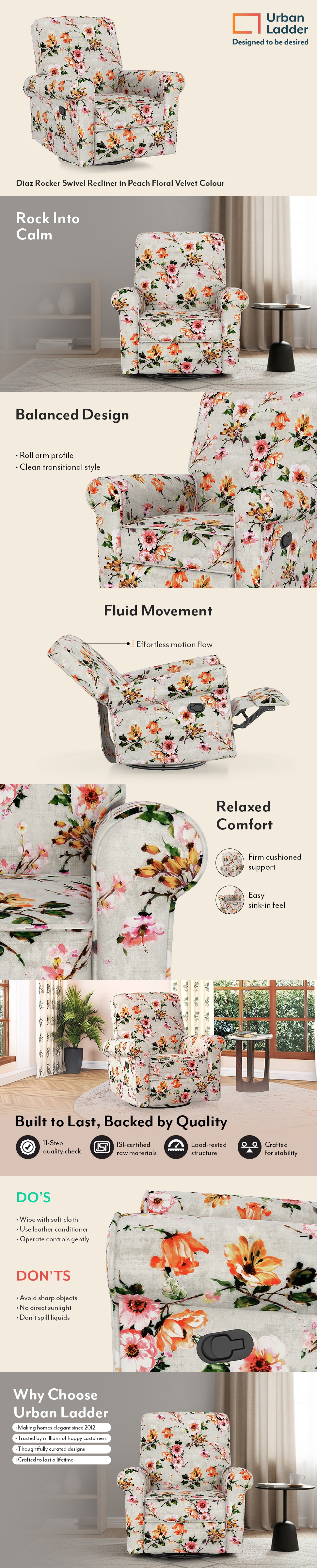 Diaz Rocker Swivel Recliner in Peach Floral Velvet Colour