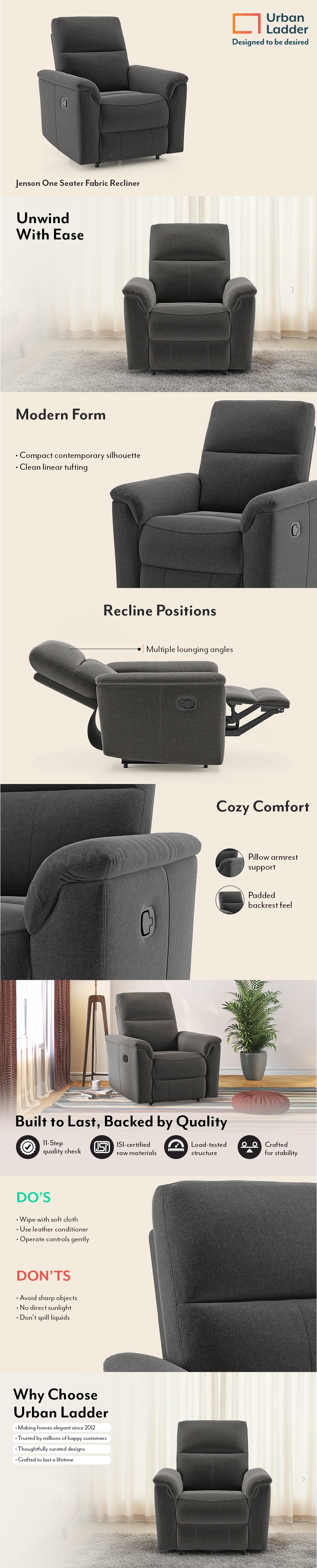 Jenson Fabric One Seater Manual Recliner in Urban Grey Colour