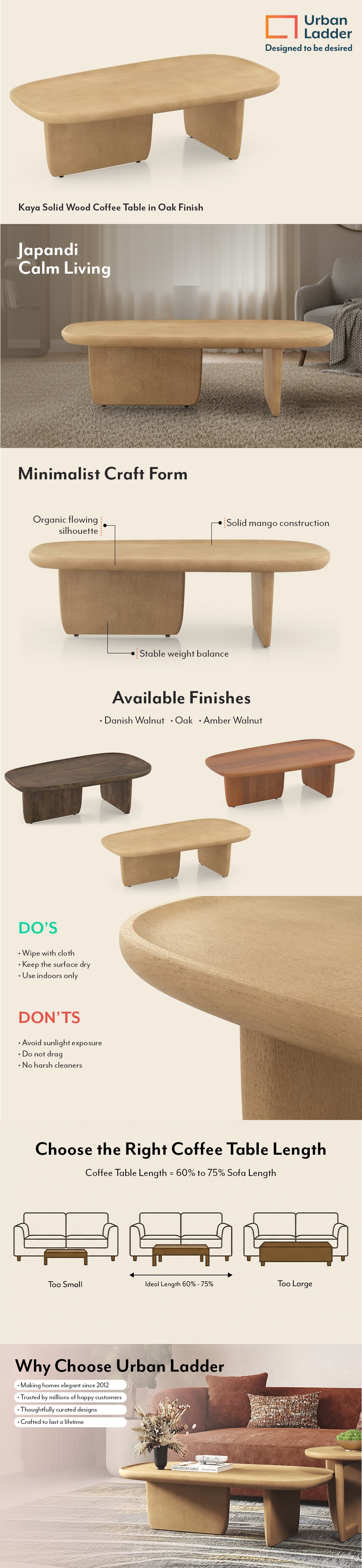 Kaya Solid Wood Coffee Table in Oak Finish