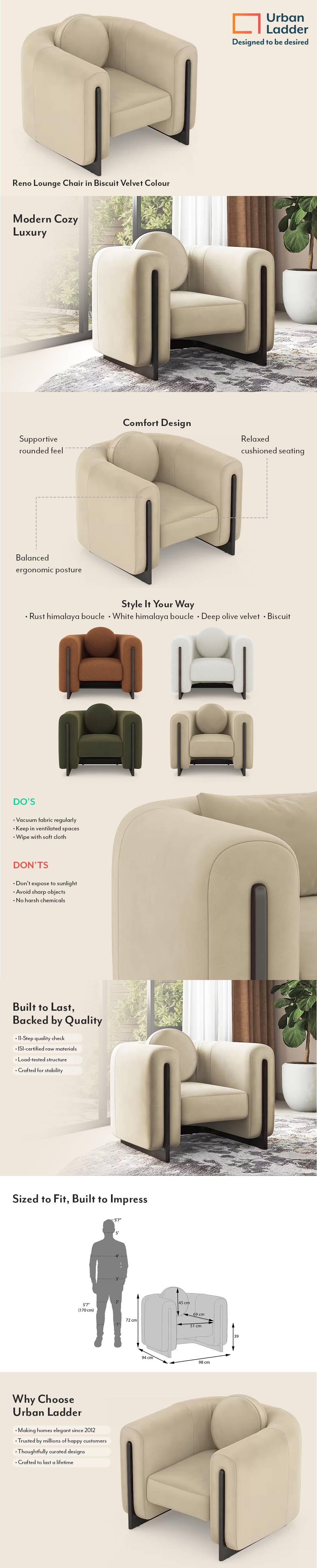 Reno Fabric Lounge Chair in Biscuit Velvet Colour