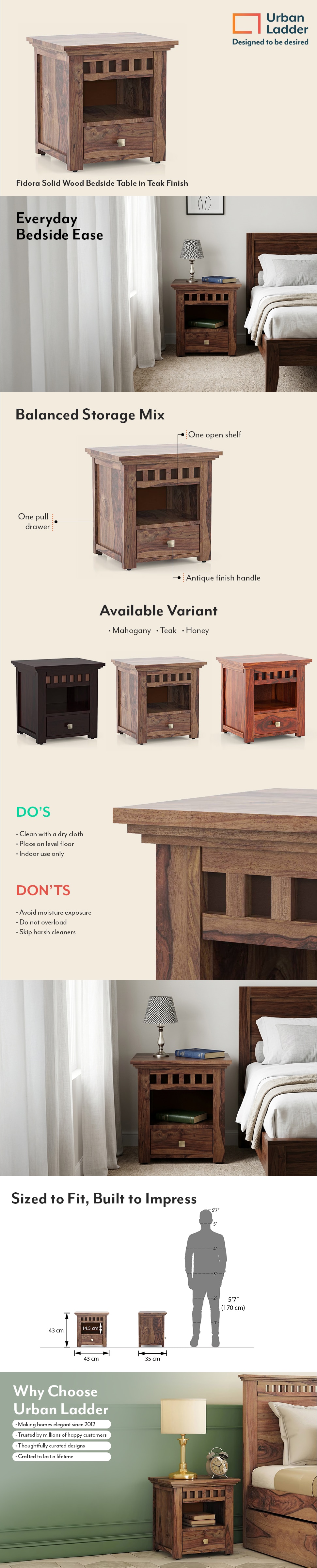 Fidora Solid Wood Bedside Table in Teak Finish