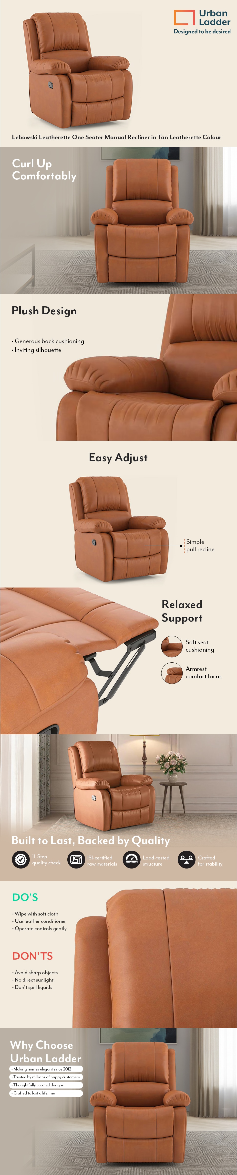 Lebowski Leatherette One Seater Manual Recliner in Tan Leatherette Colour