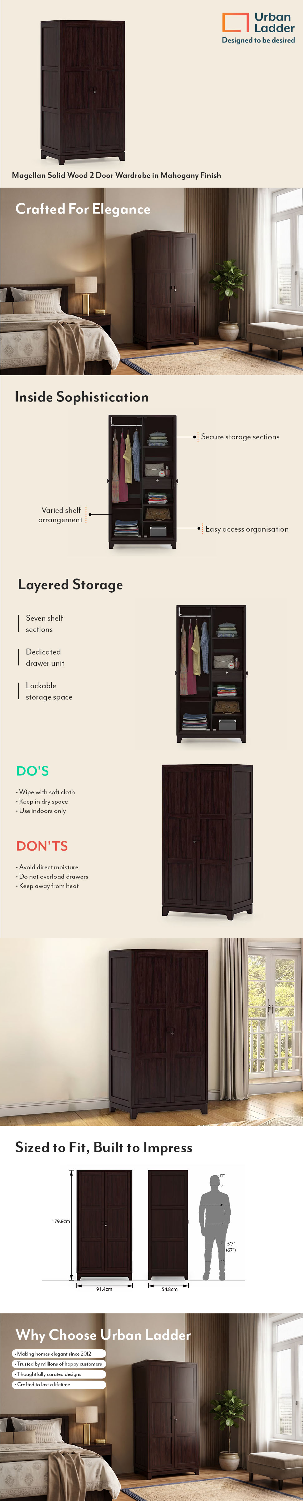 Magellan Solid Wood 2 Door Wardrobe in Mahogany Finish