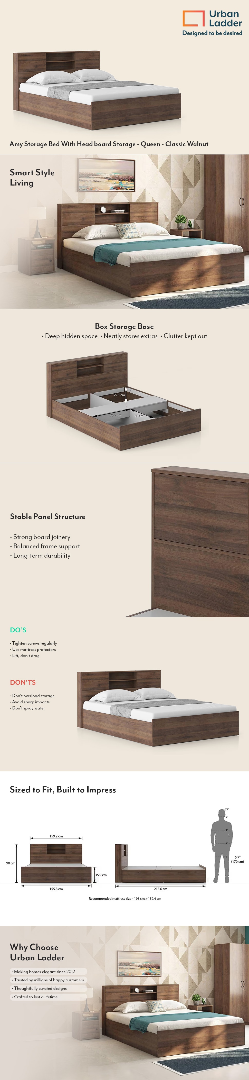 Amy Engineered Wood Queen Size Bed With Box Storage (Classic Walnut Finish, Brown Colour)