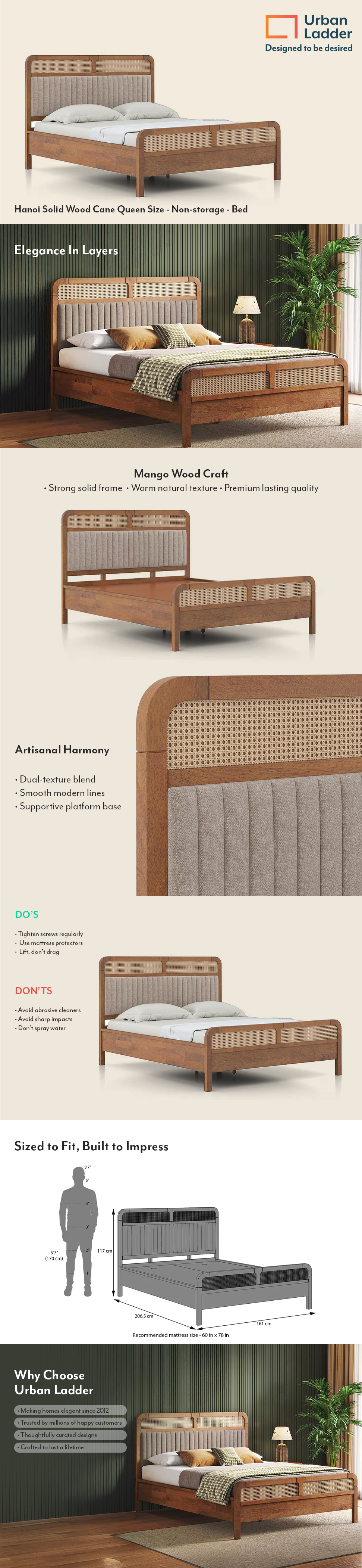 Hanoi Solid Wood Cane Queen Size Bed Without Storage (Amber Walnut Finish, Shitake Beige Colour)