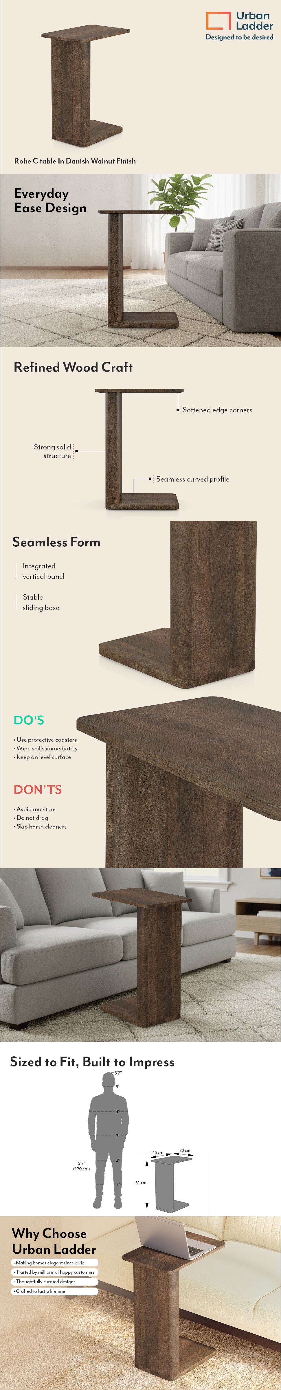 Rohe Solid Wood C Table In Danish Walnut Finish