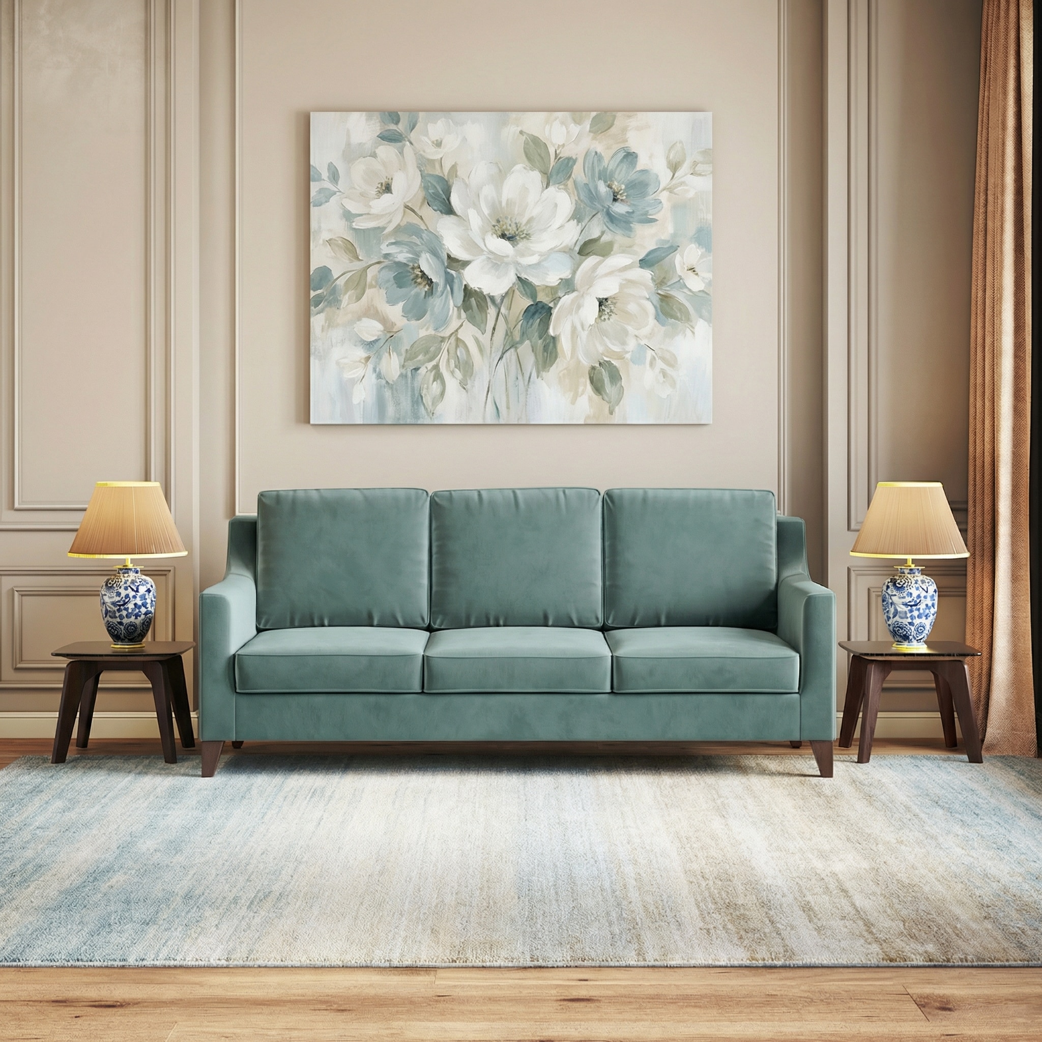 Abbey Sofa Set (Colour : Dusty Turquoise Velvet, Cushion : Soft, Seater : 3+1+1)