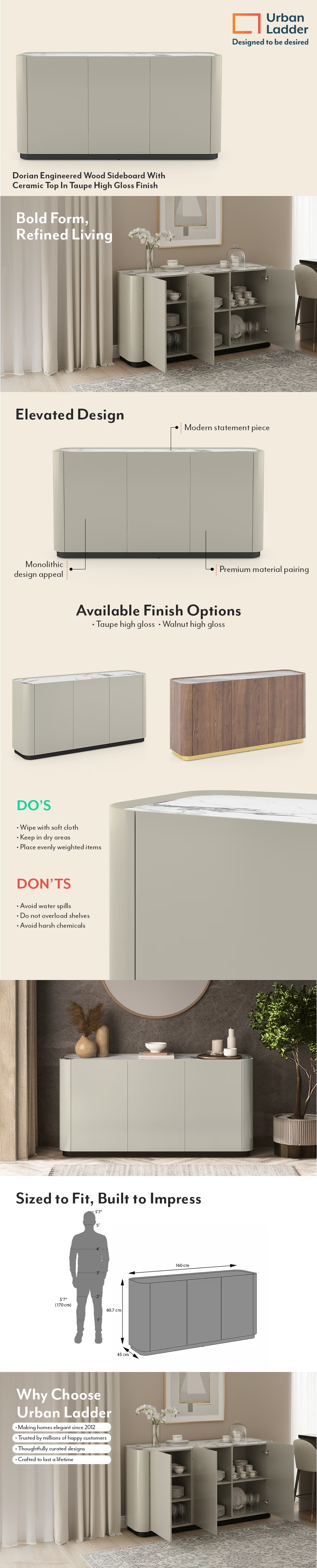 Dorian Engineered Wood Sideboard With Ceramic Top In Taupe High Gloss Finish