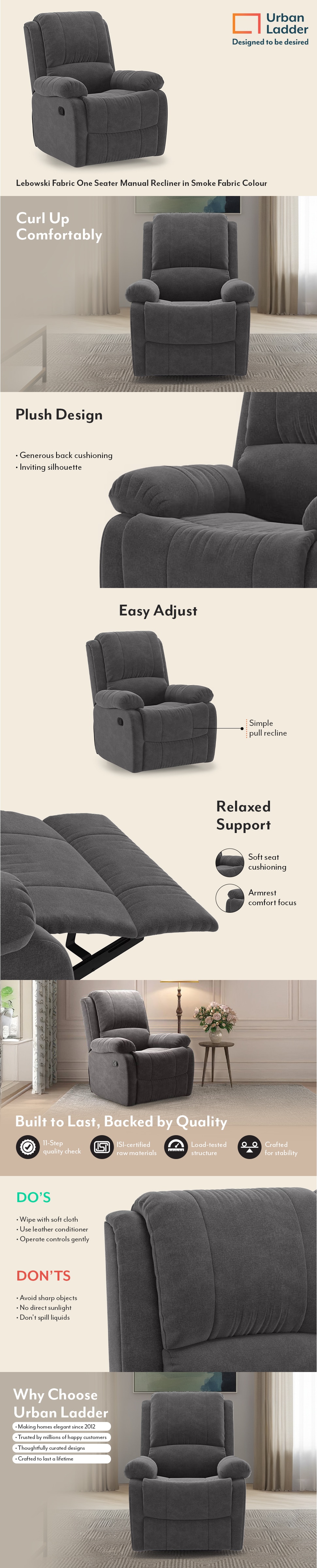 Lebowski Fabric One Seater Manual Recliner in Smoke Fabric Colour