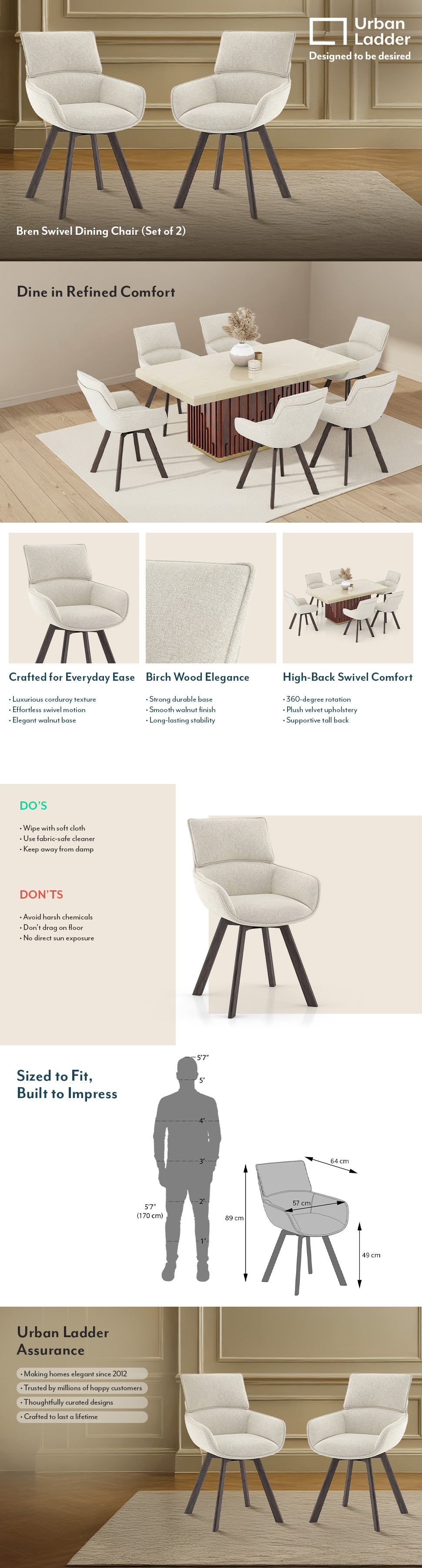 Bren Solid Wood Dining Chair in Ivory Colour - Set of 2